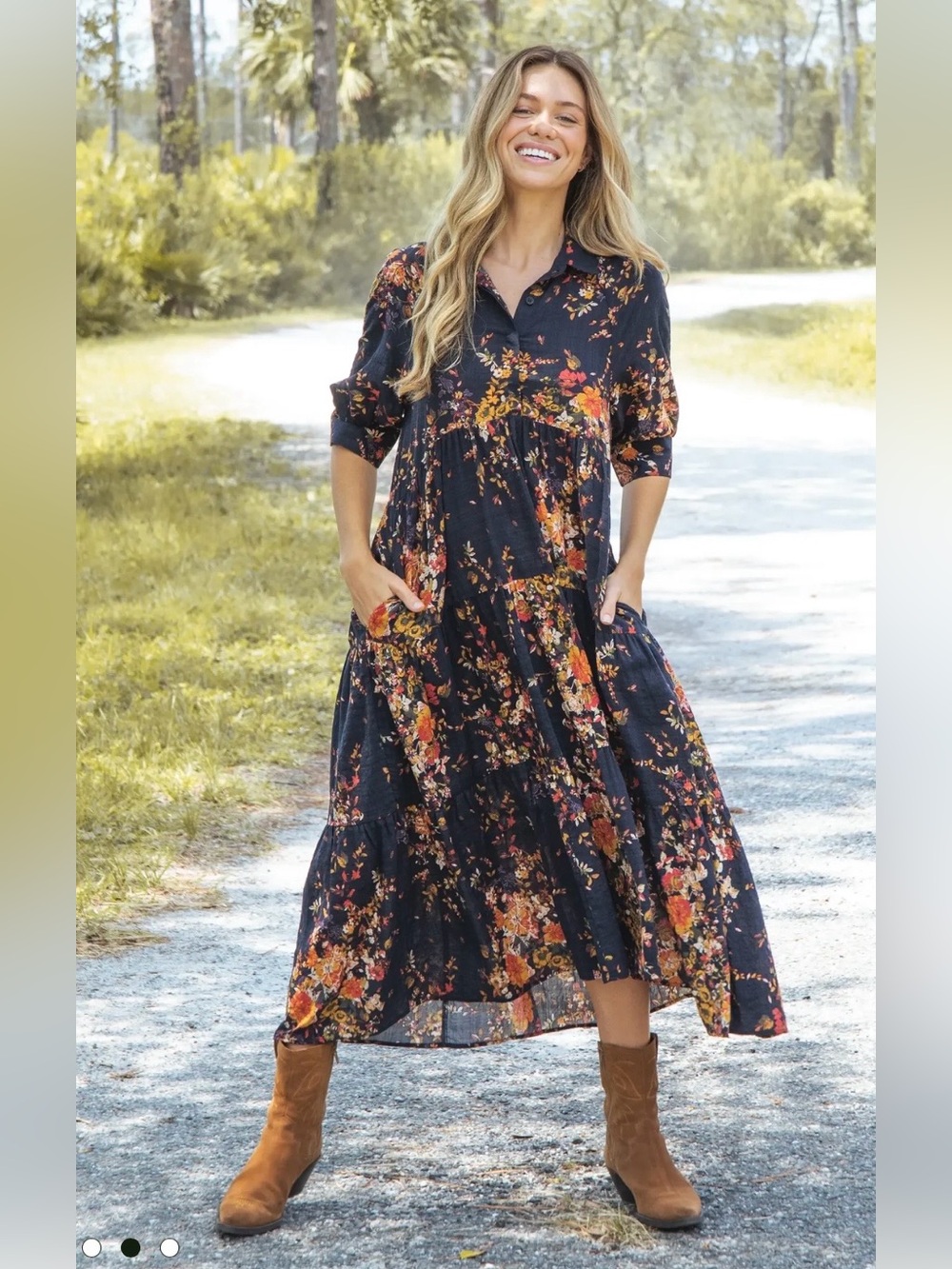Natural Life Rebecca Midi Dress in Navy Red Bouquet Size Large